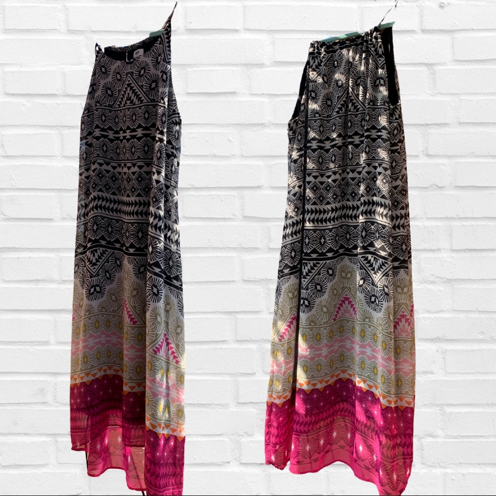 Tribal print high low goddess neck dress